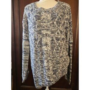 ELVI Blue White Marled Cable Knit Sweater Metallic Accents Womens Size 14/16